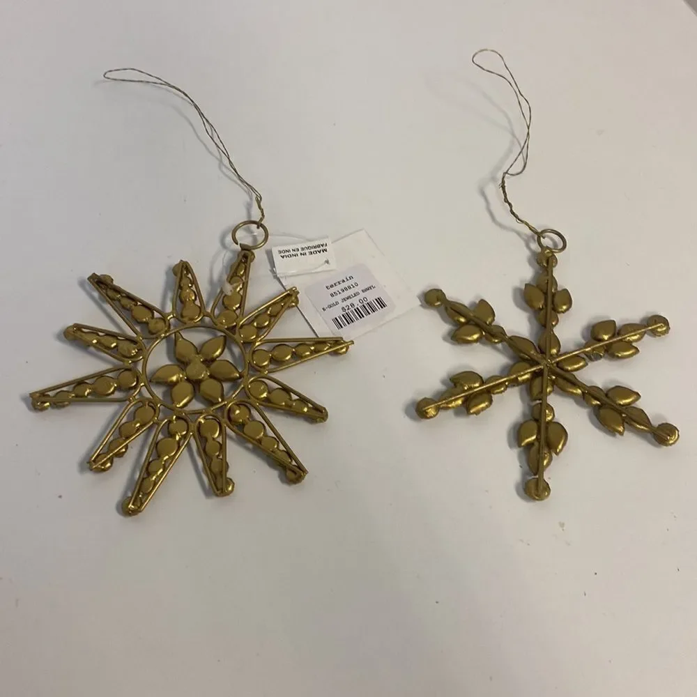 Anthropologie Gold Jeweled Snowflake Ornament Set of 2